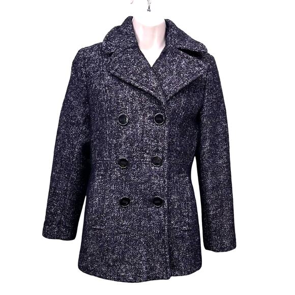 Kenneth Cole small wool tweed Women blazer pea coat double breasted black - Picture 1 of 10